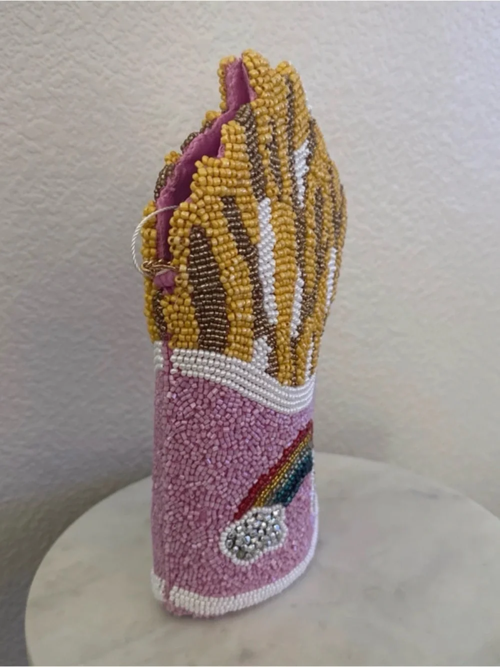 Hand-Beaded Pink Crossbody Bag with Rainbow & Fries Motif